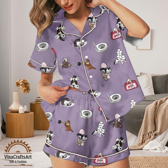Discover Funny Bathroom Cat Pajamas Set, Womens Bathroom Kitty Sleepwear, Cute Cat Loungewear Set, Gift for Cat Lovers Pajamas