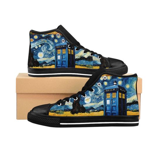 Discover Starry Night tardis Sneakers mens Classic Sneakers | Sci Fi Police Box, Geeky Shoes