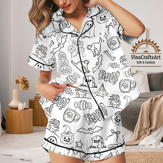 Halloween Boo Pajamas Set Women, Spooky Pumpkin Ghost Bat Print Sleepwear, Loungewear Gift For Her