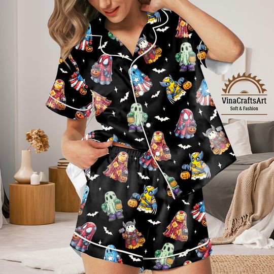 Discover Superhero Halloween Pajamas Set  Cute Comic Character Sleepwear for Women, Funny Spooky Pajamas, Marvel Fan Gift, Cozy Fall Loungewear