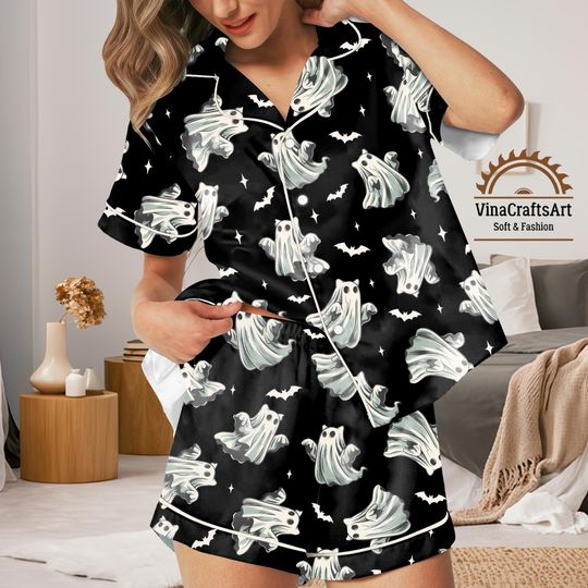 Discover Cat Ghost Halloween Pajama Set  Spooky Satin Short Sleeve Sleepwear with Bat Print, Cute Ghost Lounge Set for Women