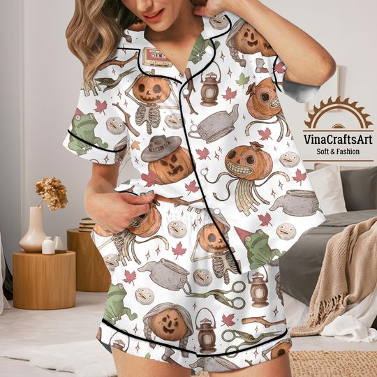 Discover Halloween Pumpkin Pajamas Set  Cute Spooky Fall Pajamas for Women, Pumpkin Face Loungewear, Cozy Halloween Nightwear