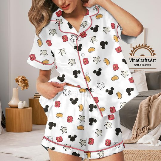 Cute Disney Pajamas Set, Mickey Ears & Snacks Sleepwear, Magic Kingdom Gift, Romantic Love Sleepwear, Disneyland Pajamas Set