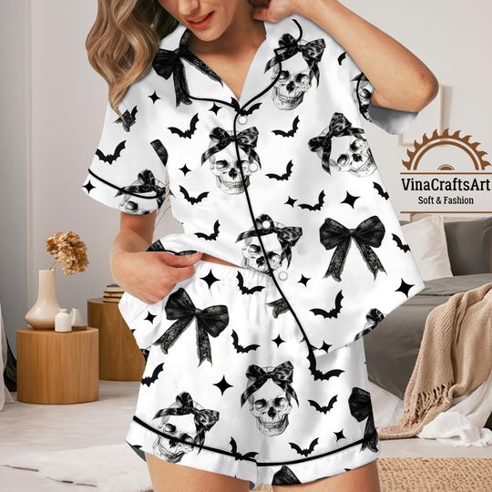 Spooky Skull Pajamas Set, Halloween Bat Bow Long and Short Sleeve Button Up Pajamas Set, Nightwear Loungewear Gift For Her