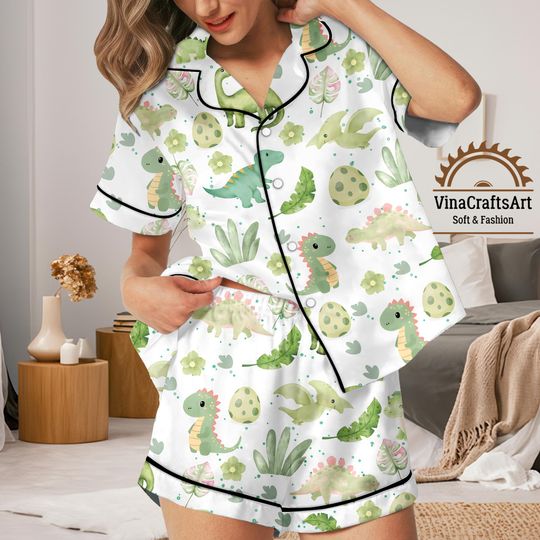 Discover Dinosaur Pajamas Set, Cute Green Dino Print Short Sleeve Button Down Sleepwear for Women, Cozy Lounge PJs with Shorts and Long Set