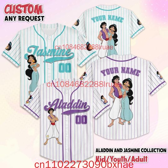 Discover Personalize Aladdin and Jasmine Baseball Jersey Custom Disney Aladdin Valentine's Day Jersey Shirt Disney Couple Gift