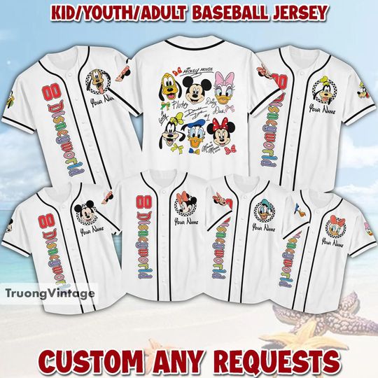 Discover Customize Name Number Fun Mickey Friends Series Baseball Jerseys Summer Casual Button Shirts For Children Adults Birthday Gifts