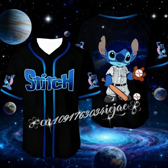 Discover 2025 Disney Animation Stitch Print Black Jersey Baseball Shirt Children's Youth Adult Parent-Child Wear Sports Short Sleeve