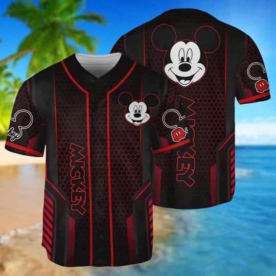 Discover Black and Red Style・Mickey-themed Baseball-style Short-sleeves, Unique All-over Print, Trendy and Cool Mickey Elements Top