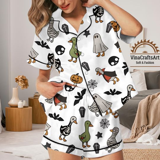 Discover Halloween Pajamas Set, Cute Duck Ghost Pumpkin Skeleton Satin Sleepwear, Spooky Cozy Pajamas Outfit, Skeleton Duck Loungewear