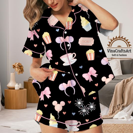 Discover Movie Night Pajamas Set Women, Cute Popcorn Soda Ice Cream Satin Loungewear, Pastel Snack Pajamas, Ice Cream Pajamas Set