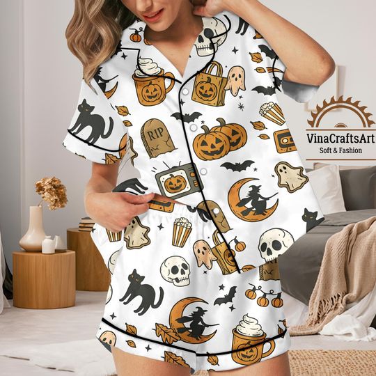 Discover Halloween Pumpkin Pajamas Set, Pumpkin Ghost Witch Cat Print Sleepwear, Spooky Cute Loungewear, Spooky Season Pajamas Set