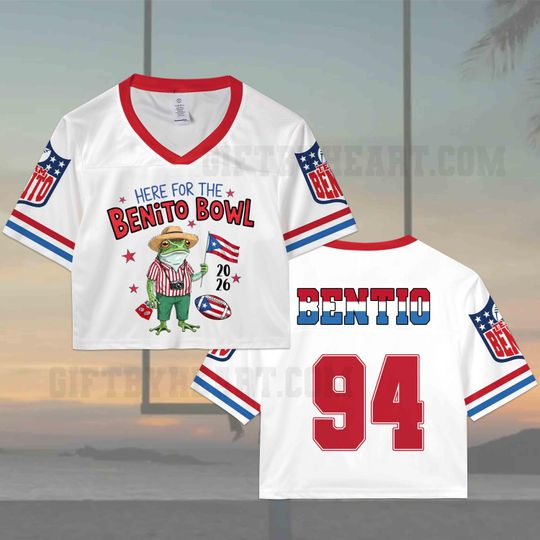 Discover Team Benito Puerto Rico #94 Crop Top Mesh Football Jersey, Half Time Show Crop Top Football Jersey Shirt, Gift for Unisex