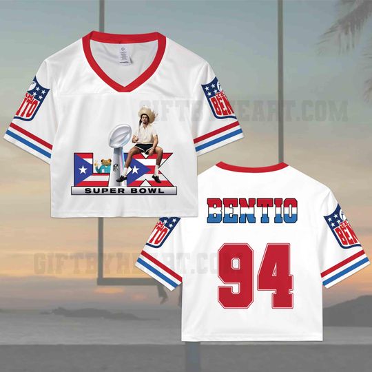 Discover Puerto Rico Team Benito #94 Crop Top Mesh Football Jersey, Half Time Show Crop Top Football Jersey Shirt, Gift for Unisex