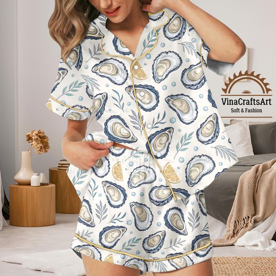 Discover Oyster Pajamas Set, Coastal Summer Sleepwear for Women, Seashell Lemon Pajamas Set, Nautical Beach Loungewear, Cute Summer Pajamas