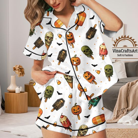 Discover Halloween Popsicle Satin Pajamas Set  Spooky Cute Sleepwear for Women, Soft Short & Long Sleeve Nightwear, Halloween Costume Pajamas