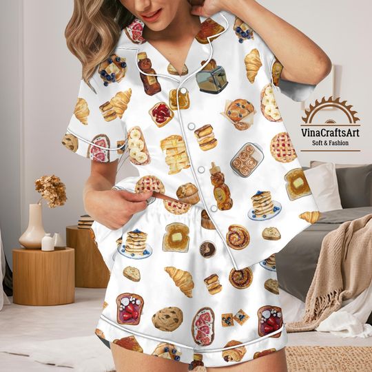 Discover Breakfast Pastry Pajamas Set, Cute Bakery Food Pajamas for Women, Soft Short Long Sleeve Sleepwear Set, Croissant Pancake Dessert Loungewear