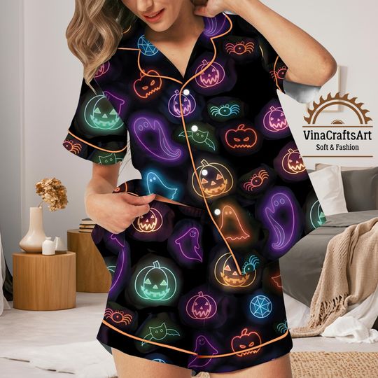 Cute Halloween Ghost Pajamas Set, Ghost Pumpkin Bat Pajamas Set, Spooky Cute Sleepwear, Holiday Loungewear
