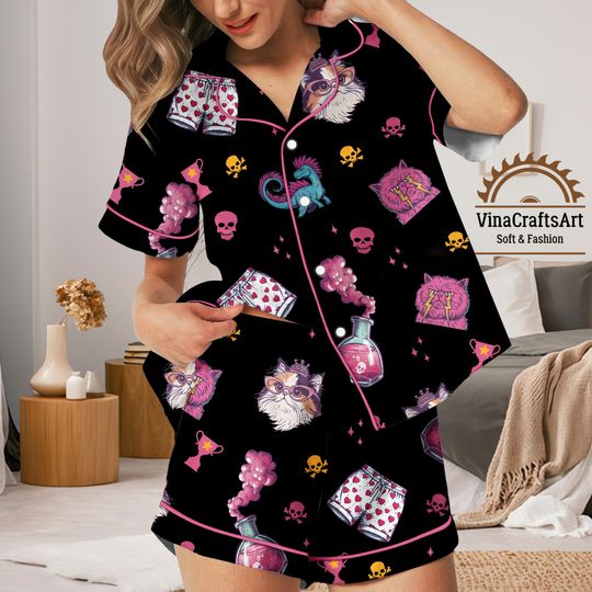 Discover Magic Cat Potion Satin Pajamas Set, Black Short Sleeve Sleepwear with Fantasy Cat, Halloween Magic Cat Pajamas Set, Cat Lover Set