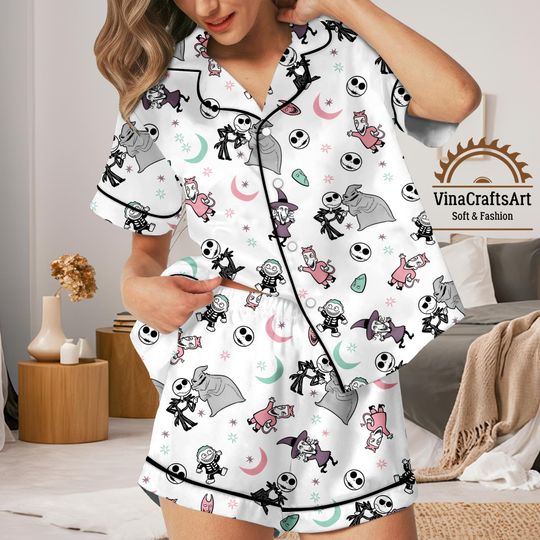 Halloween Cartoon Pajamas Set, Short Sleeve Sleepwear with Spooky Cute Characters for Women, Skeleton Pajamas Set