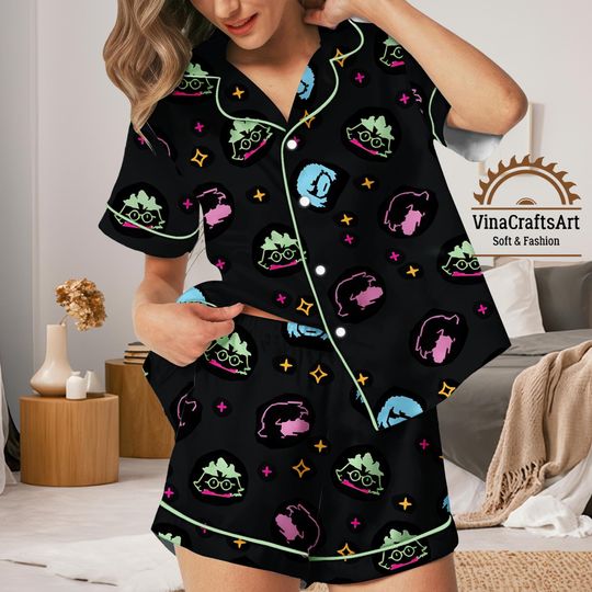 Discover Neon Cartoon Faces Pajamas Set, Colorful Short Sleeve Sleepwear for Women, Cute Lounge Pajamas Gift, Kawaii Lounge