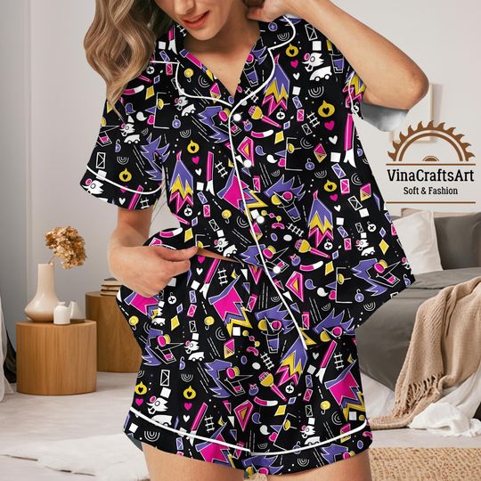 Discover Geometric Pajamas Set for Women, Colorful Retro Pattern Satin Sleepwear, Silky Lounge Set, 80s 90s Vibe Pajamas, Abstract Pattern Pajamas