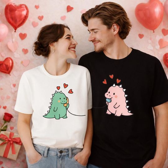 Discover Dinosaur Couple Shirts That Connect, Cute Dino Phone Line Tee Set, Matching Valentine Gift for BF GF, Funny Anniversary Outfit Mia11