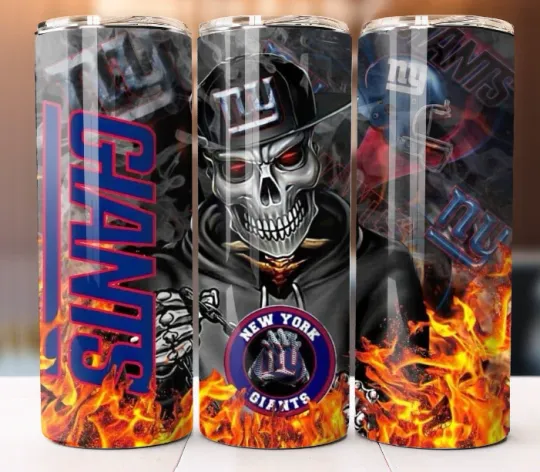 Discover New York Giants Fire SkullFootball  Tumbler 20oz Cup Mug Stainless  W/ Straw