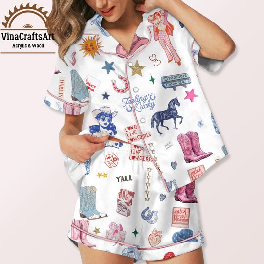 Discover Western Cowgirl Pajama Set  Cute Country Rodeo Sleepwear with Boots, Stars & Hats, Southern Y'all Lounge PJs for Girls Women