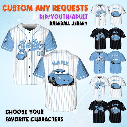 Discover Disney Cars Sally Jersey, Cars Movie Characters Shirt, Pixar Cars Sally Birthday Jersey, Cars Lightning McQueen And Sally Baseball Jersey