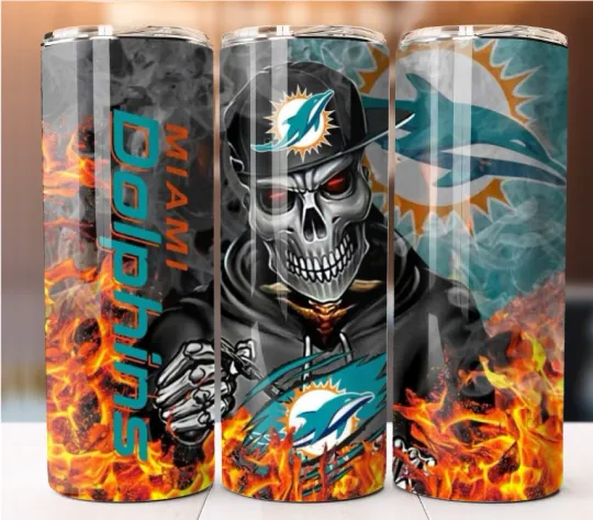 Discover Tumbler 20oz Skinny Cup Mug Stainless Steel Miami Dolphins Football Fire Skull