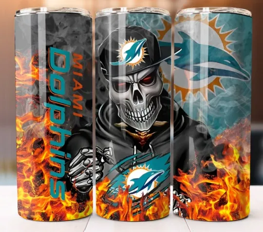 Discover Dolphins Fire Skull Football Tumbler 20oz Cup Mug Stainless Steel W/ Straw