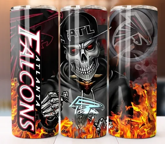 Discover Falcons Fire Skull Football Tumbler 20oz Travel Cup Mug Stainless Steel W/ Straw