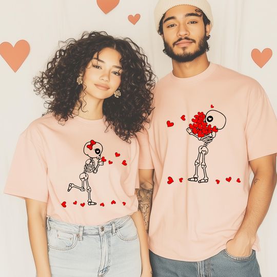 Discover Matching Skeleton Couple Shirts, Valentines Day Couple T-Shirts, Cute Skeleton Love Tee, Anniversary Gift, Couple Outfit