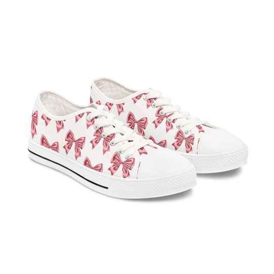 Pink Bow Sneakers for Women, Casual Low Top Shoes, Spring Fashion