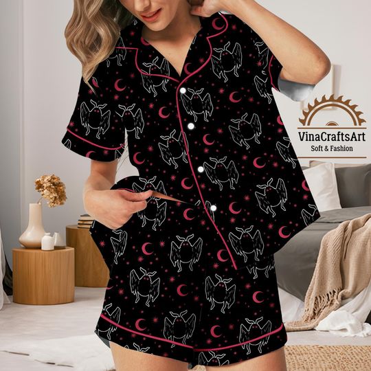 Gothic Pajamas Set, Dark Angel Moon Print Sleepwear, Occult Pajamas Set, Spooky Cute for Women