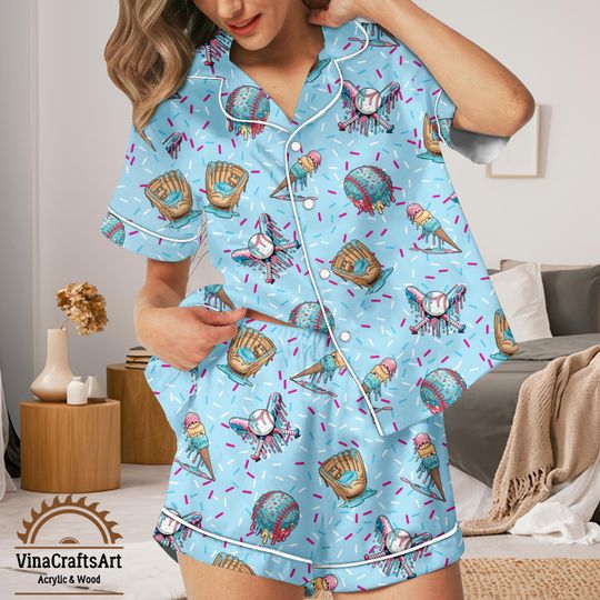 Discover Ice Cream Drip Baseball Pajamas Set Cute Baseball Fan Sleepwear, Funny Summer Loungewear Set, Soft Button-Up Pajamas Gift for Her