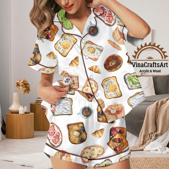 Discover Breakfast Toast Pajama Set | Womens Cute Jam & Avocado Print PJs | Cozy Foodie Sleepwear with Waffles Croissants | Brunch Gift