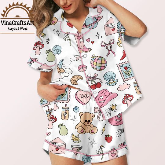 Discover Cute Cartoon Icon Pajama Set  Cozy Aesthetic PJs with Bows, Mushrooms, Teddy Bears & Girly Graphics | Kawaii Sleepwear for Women