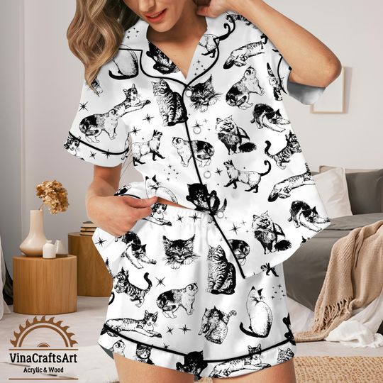 Discover Black & White Cat Pajamas Set  Vintage Style Short and Long Sleeve Loungewear, Cute Cat Print Sleepwear for Women | Summer Cozy Pajamas Set