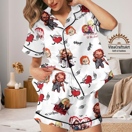 Chucky & Tiffany Horror Pajamas Set, Cute Slasher Sleepwear for Women, Halloween Shorts Set, Bride of Chucky Barbie Gift