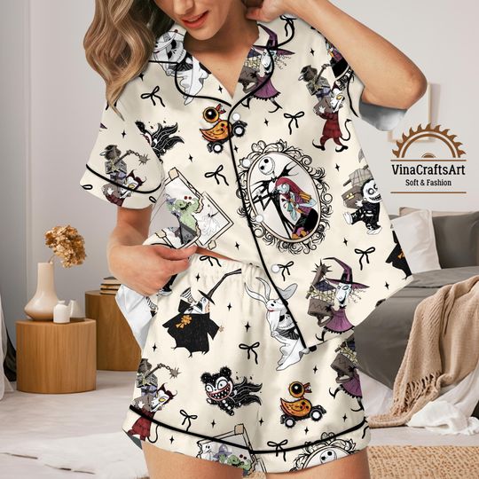 Discover Coquette Nightmare Before Christmas Pajamas Set Jack Skellington & Sally Pajamas, Cute Halloween Sleepwear for Women