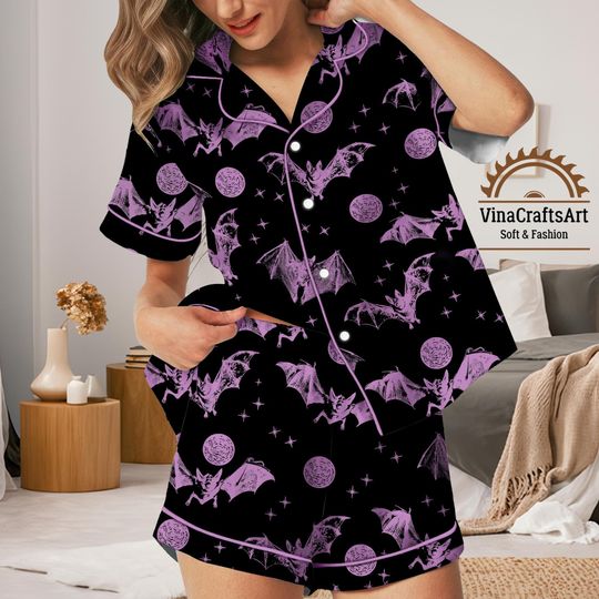 Bat Pajamas Set, Halloween Sleepwear, Spooky Bat Moon PJs, Gothic Pajama Outfit, Cozy Fall Sleep Set