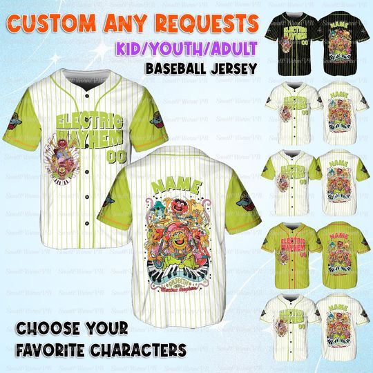 Disney Muppets Baseball Jersey, Kermit And Friends Characters Jersey, Disney Electric Mayhem Shirt, Dr. Teeth And Electric Mayhem Shirt