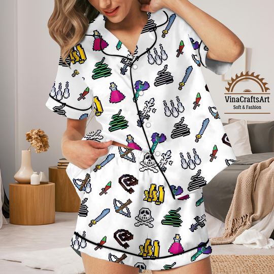 Discover Retro Pixel Game Pajamas Set, Gamer Sleepwear Gift, Cute Nightwear Geek Gift, Video Game Xmas Pajamas, Gamer Christmas Pajamas Set