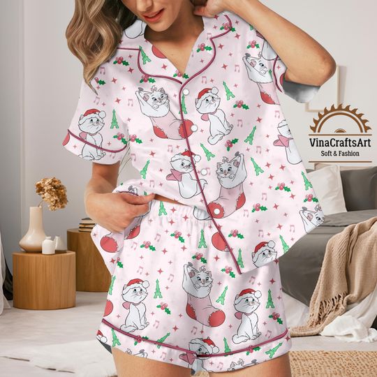 Discover Christmas Cat Pajamas Set, Cute Pink Kitty Sleepwear, Holiday Gift for Cat Lover Pajamas Set