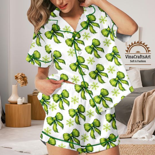 Discover Bow Christmas Pajamas Set, Festive Holiday Sleepwear, Cute Winter Gift for Her, Coquette Bow Pajamas