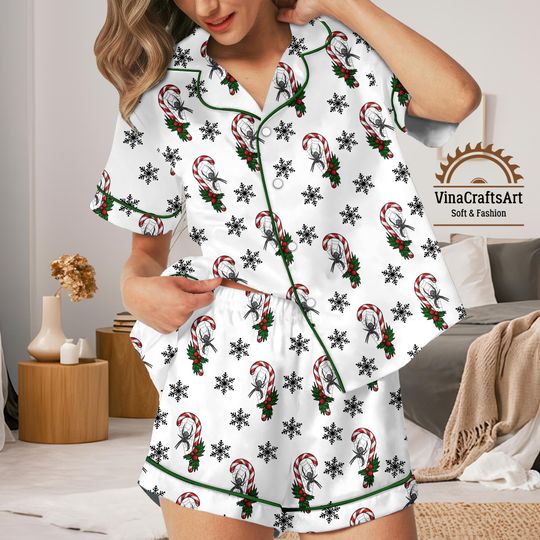 Discover Christmas Pajamas Set for Women, Spider Candy Cane Sleepwear, Funny Holiday Gift for Her