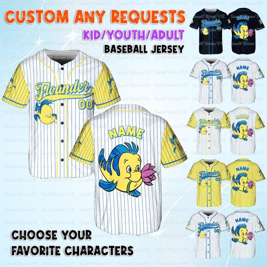Disney Little Mermaid Flounder Jersey, Custom Little Mermaid Movie Jersey, Disney Flounder Baseball Shirt, Little Mermaid Matching Shirt