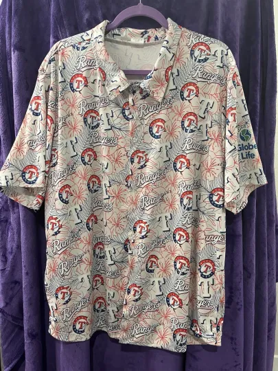 Discover Texas Rangers Logo Men's Hawaiian Button Down Shirt Great Condition-Size XL